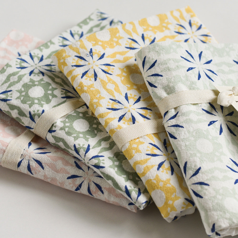 Mint Designer Woodblock Pattern Flour Sack Kitchen Tea Towels Set
