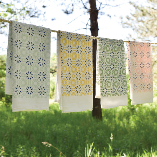 Mint Designer Woodblock Pattern Flour Sack Kitchen Tea Towel Set