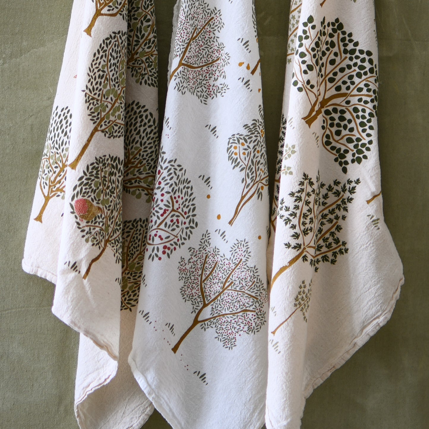Kitchen tea towel made with eco-friendly flour sack in the usa featuring natural partridge + pear tree holiday art by june & december artist katie forte