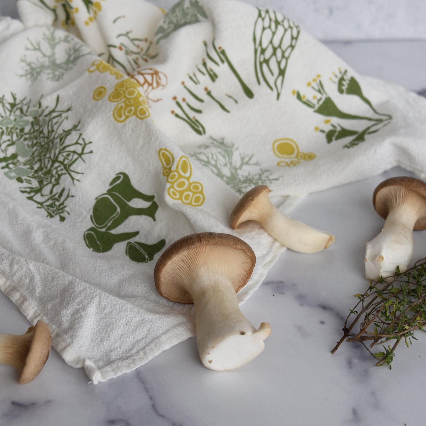 Kitchen tea towel perfect with a Lichen Forest design made on a flour sack, designed by Katie Forte of june & december