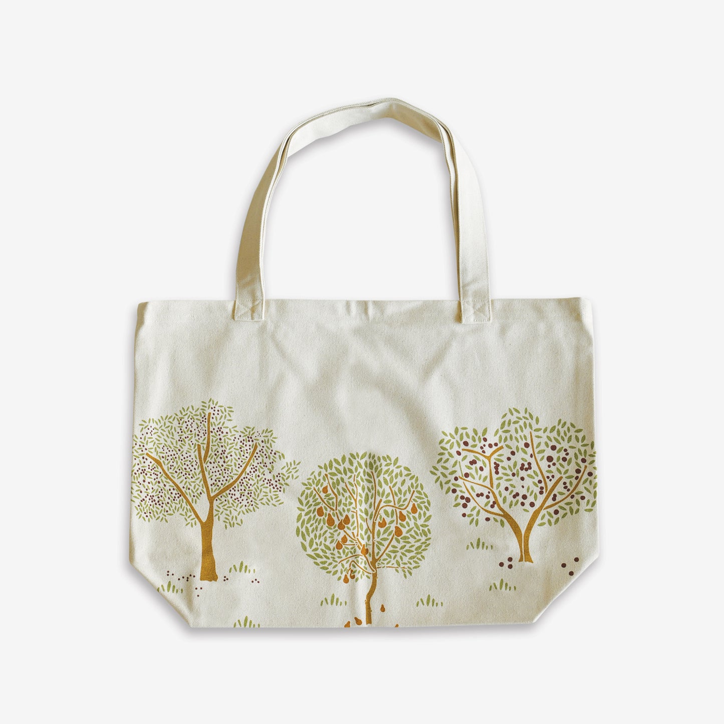 Designer Oversized Farmers Market Tote Bag with Organic Cotton featuring apple orchard tree artwork by June & December artist Katie Forte