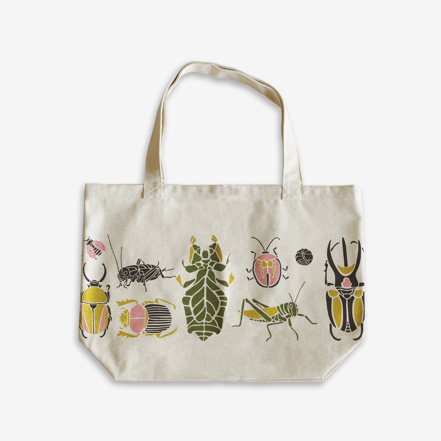 Designer Oversized Farmers Market Tote Bag with Organic Cotton featuring small wonders bug + insect artwork by June & December artist Katie Forte