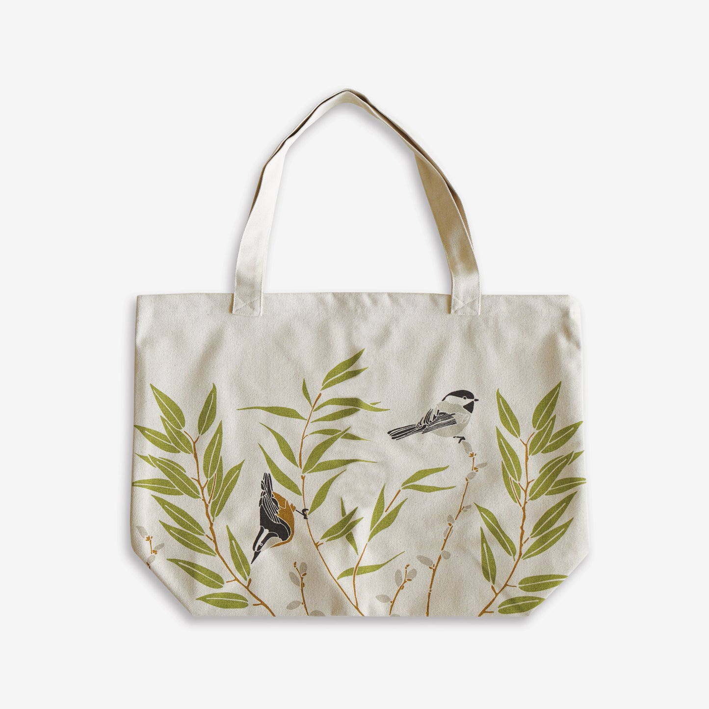 Designer Oversized Flower Market Tote Bag with Organic Cotton featuring botanical willow thicket bird artwork by June & December artist Katie Forte
