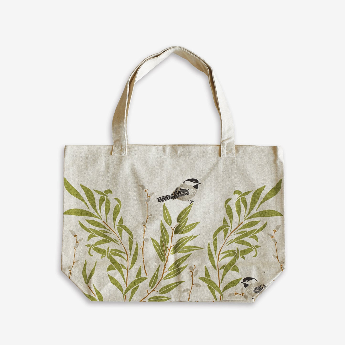 Designer Oversized Farmers Market Tote Bag with Organic Cotton featuring botanical willow thicket bird artwork by June & December artist Katie Forte