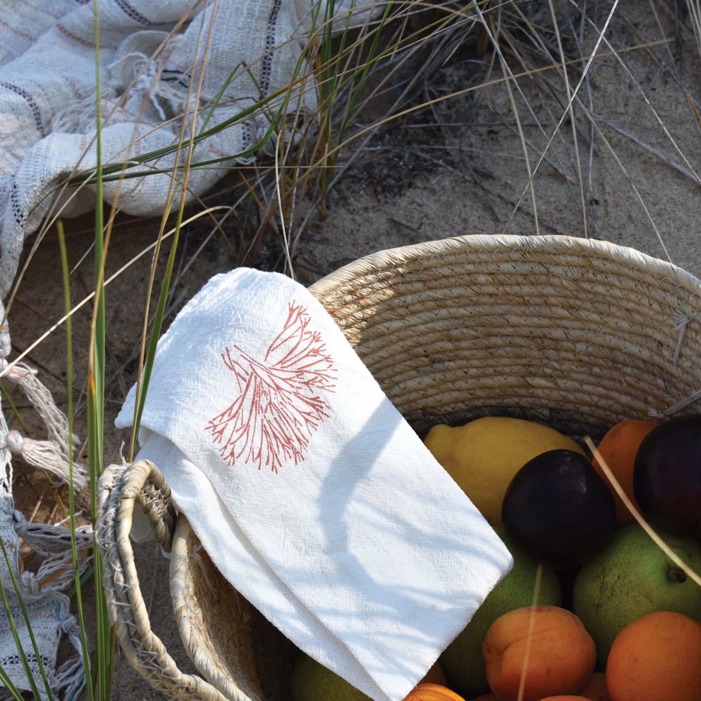 Cloth napkin flour sack with Red Algae design for a beach picnic, designed by katie forte of june & december