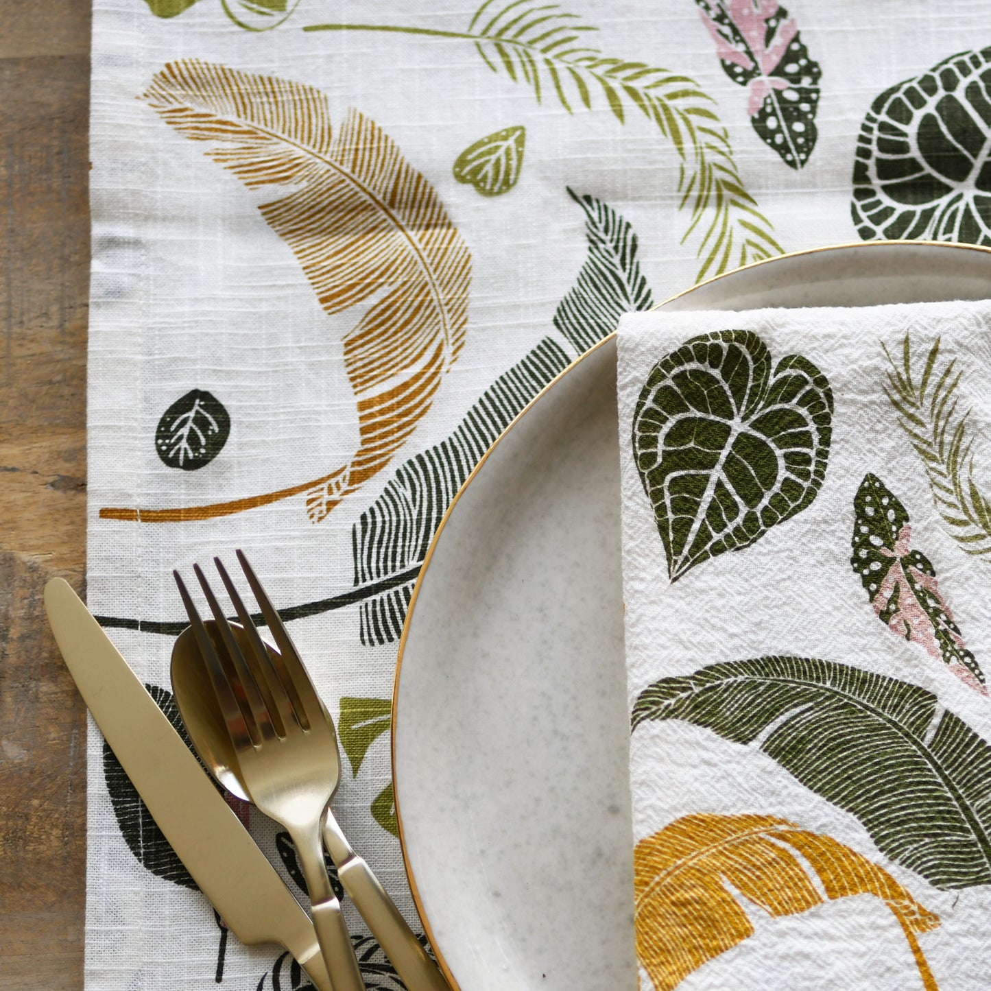 Cloth dinner napkins made with eco-friendly flour sack in the USA, featuring botanical garden + observatory plant art by June & December artist Katie Forte