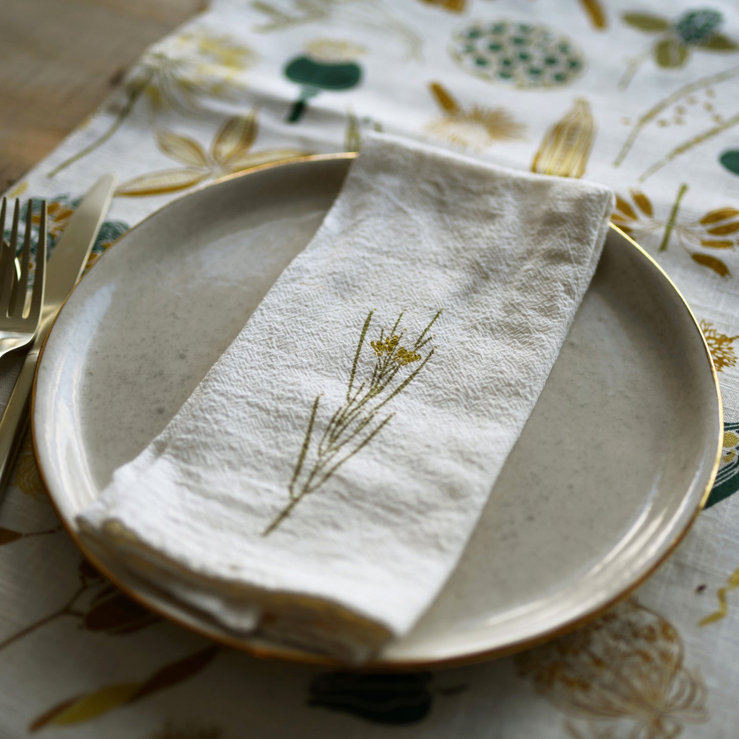 Designer Arhaus Table Runner with organic cotton featuring  botanical nature seed pod artwork by June & December artist Katie Forte
