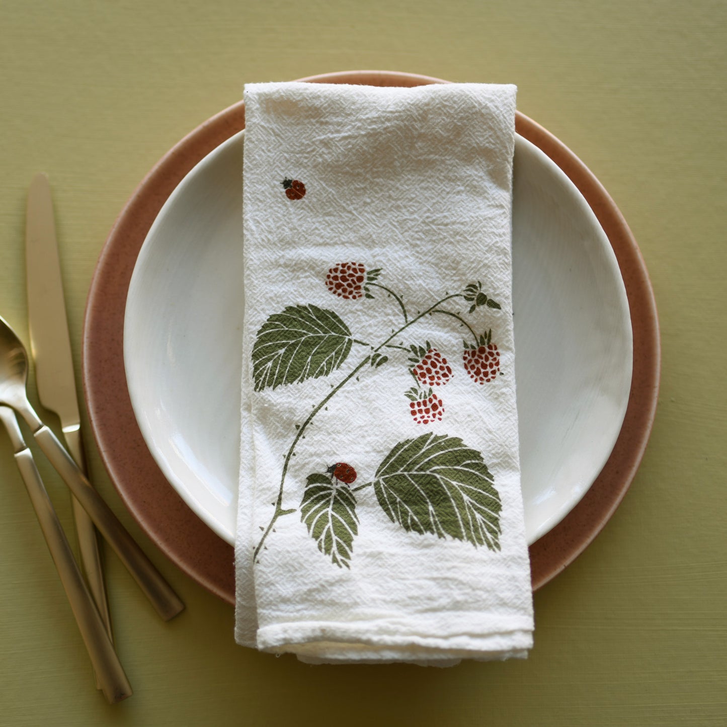 Cloth dinner napkins made with eco-friendly flour sack in the USA, featuring botanical ladybugs + birds artwork by June & December artist Katie Forte