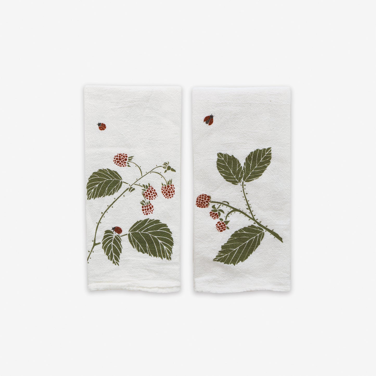 Cloth dinner napkins made with eco-friendly flour sack in the USA, featuring botanical ladybugs + birds artwork by June & December artist Katie Forte