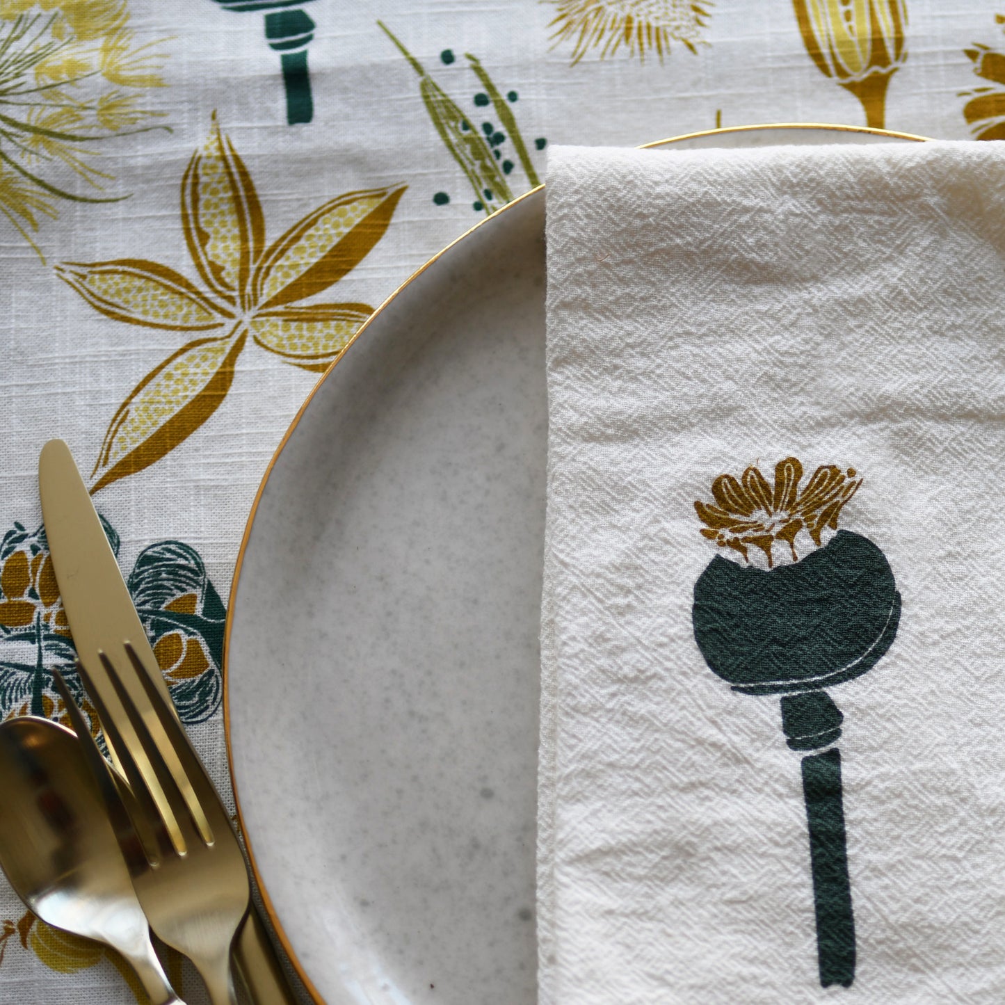 Cloth reusable dinner napkins made with eco-friendly flour sack in the USA, featuring botanical seed pods artwork by June & December artist Katie Forte