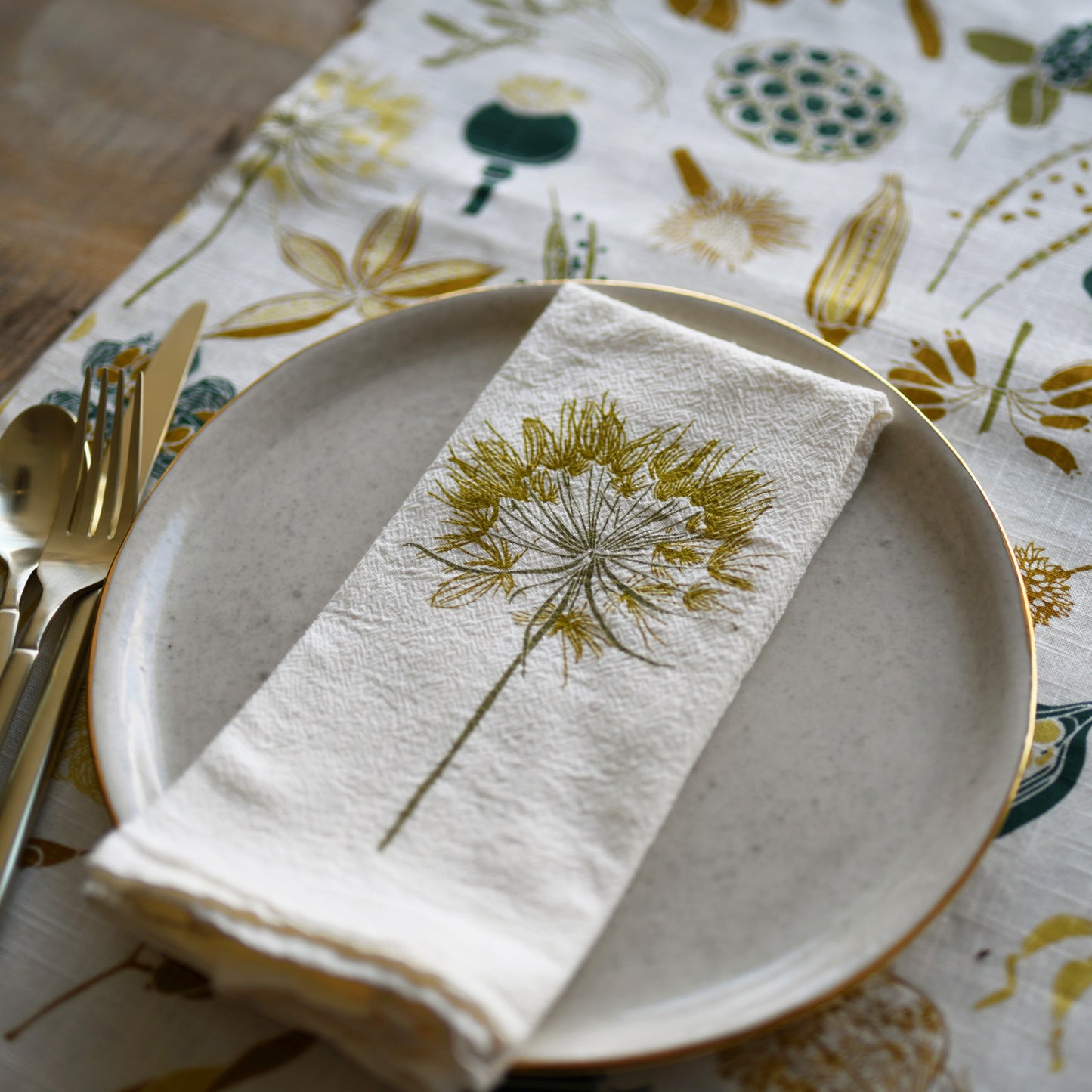 Reusable flour sack cloth dinner napkins made in the usa with botanical nature seed pods artwork by june & december artist katie forte