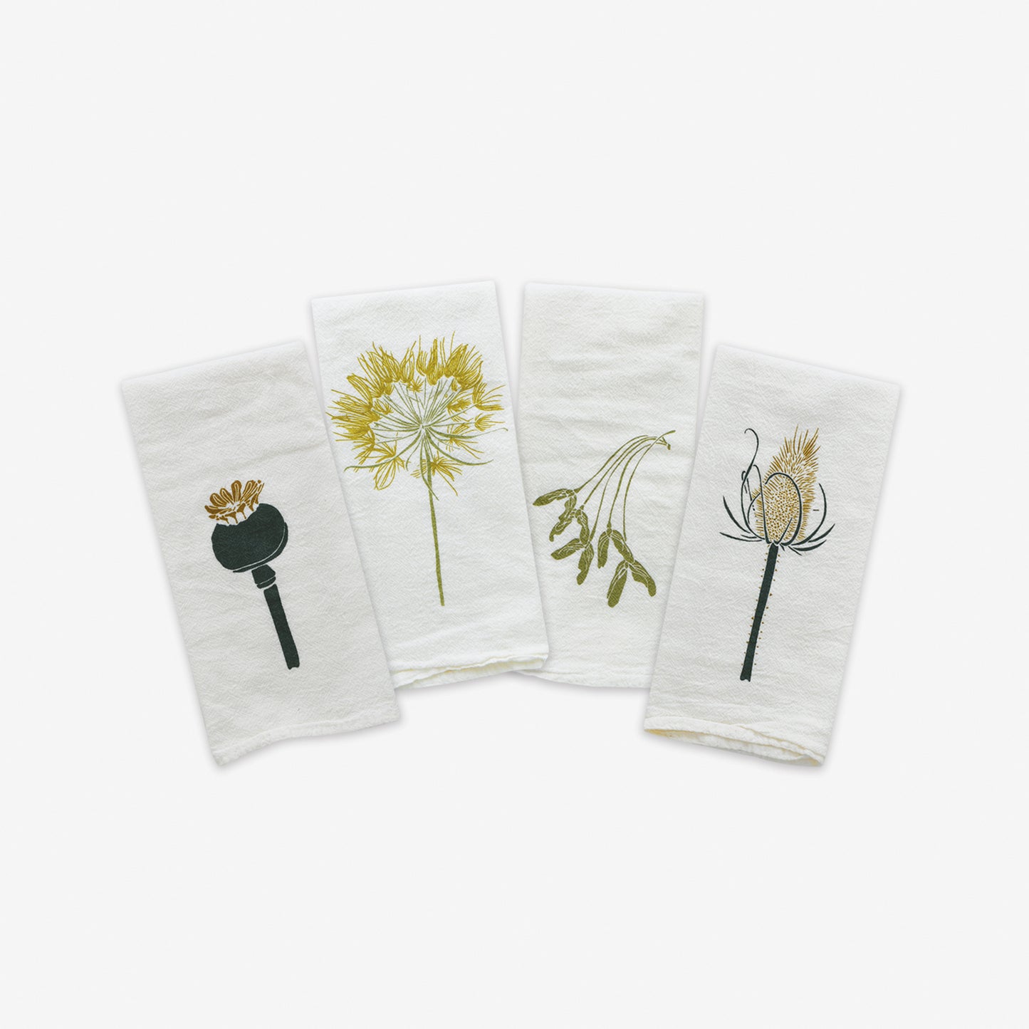 Cloth dinner napkins made with eco-friendly flour sack in the USA, featuring botanical seed pods artwork by June & December artist Katie Forte