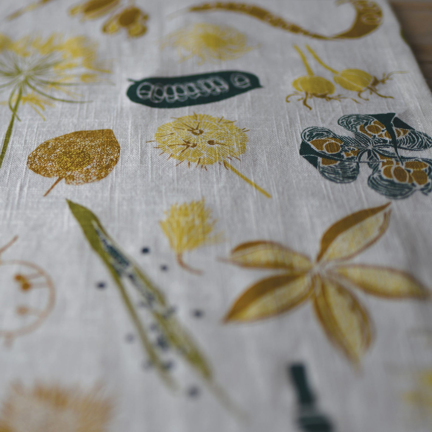 Designer Table Runner with organic cotton featuring  botanical nature seed pod artwork by June & December artist Katie Forte