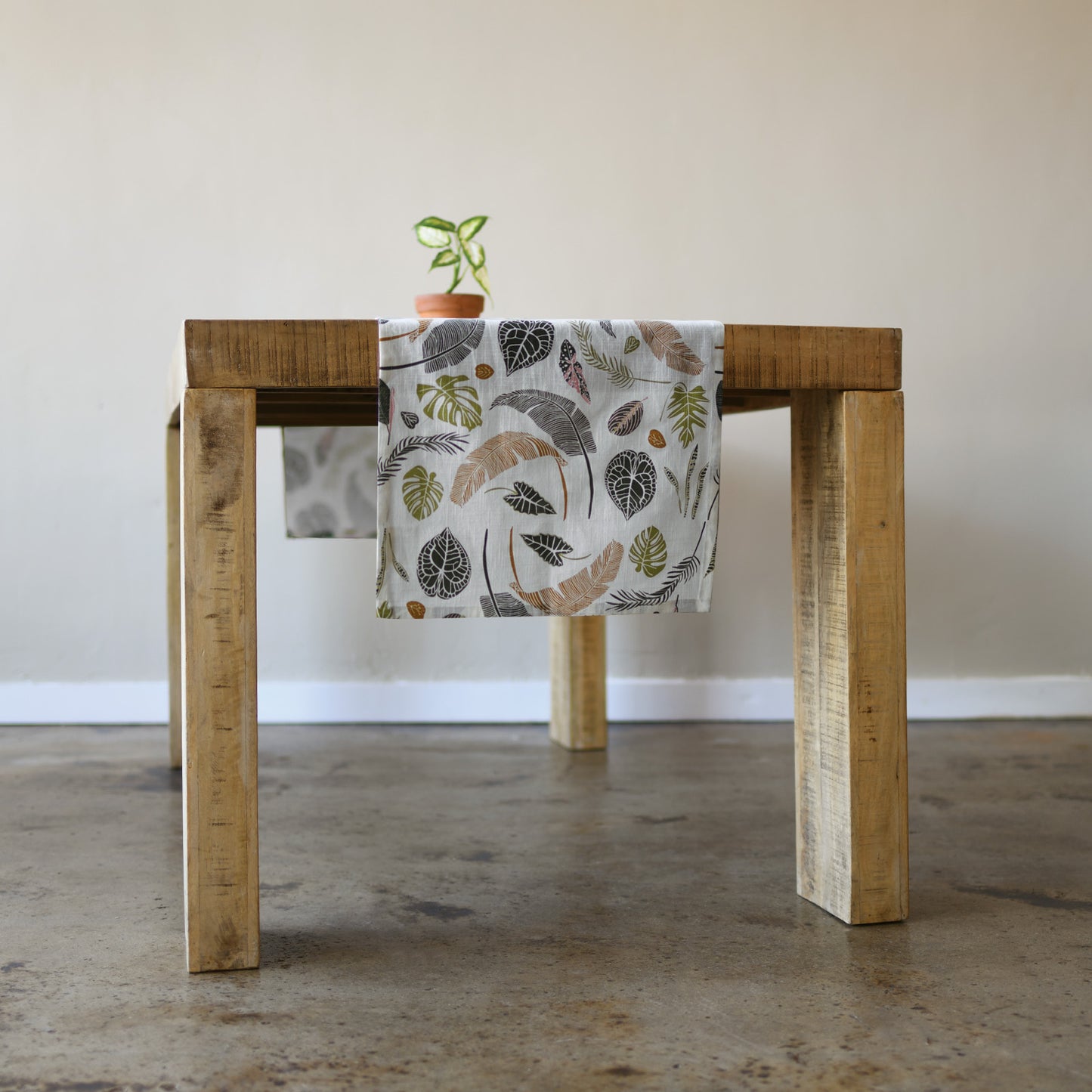 Designer Table Runner with organic cotton featuring  botanical willow thicket chickadee bird artwork by June & December artist Katie Forte