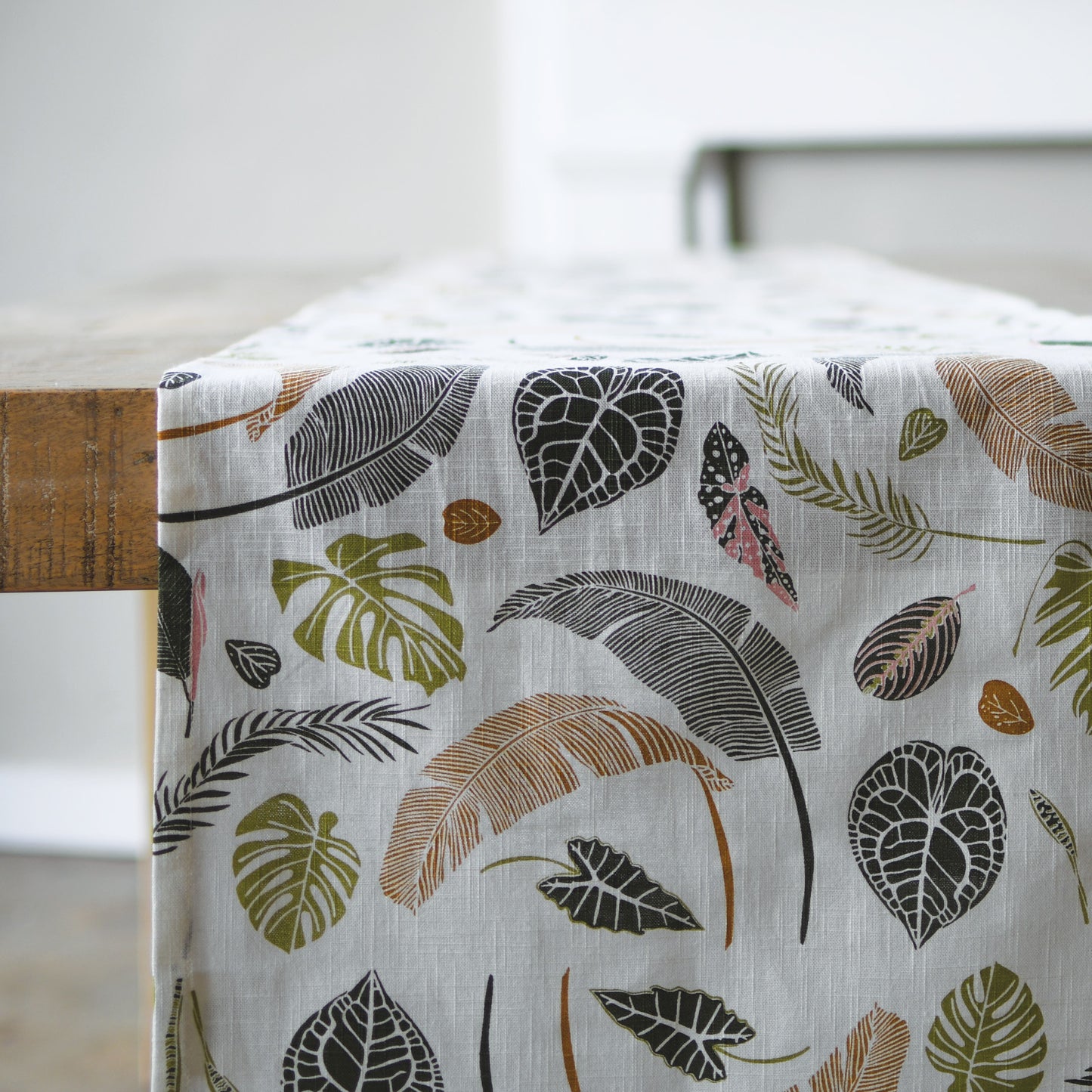 Designer Table Runner with organic cotton featuring  botanical willow thicket chickadee bird artwork by June & December artist Katie Forte