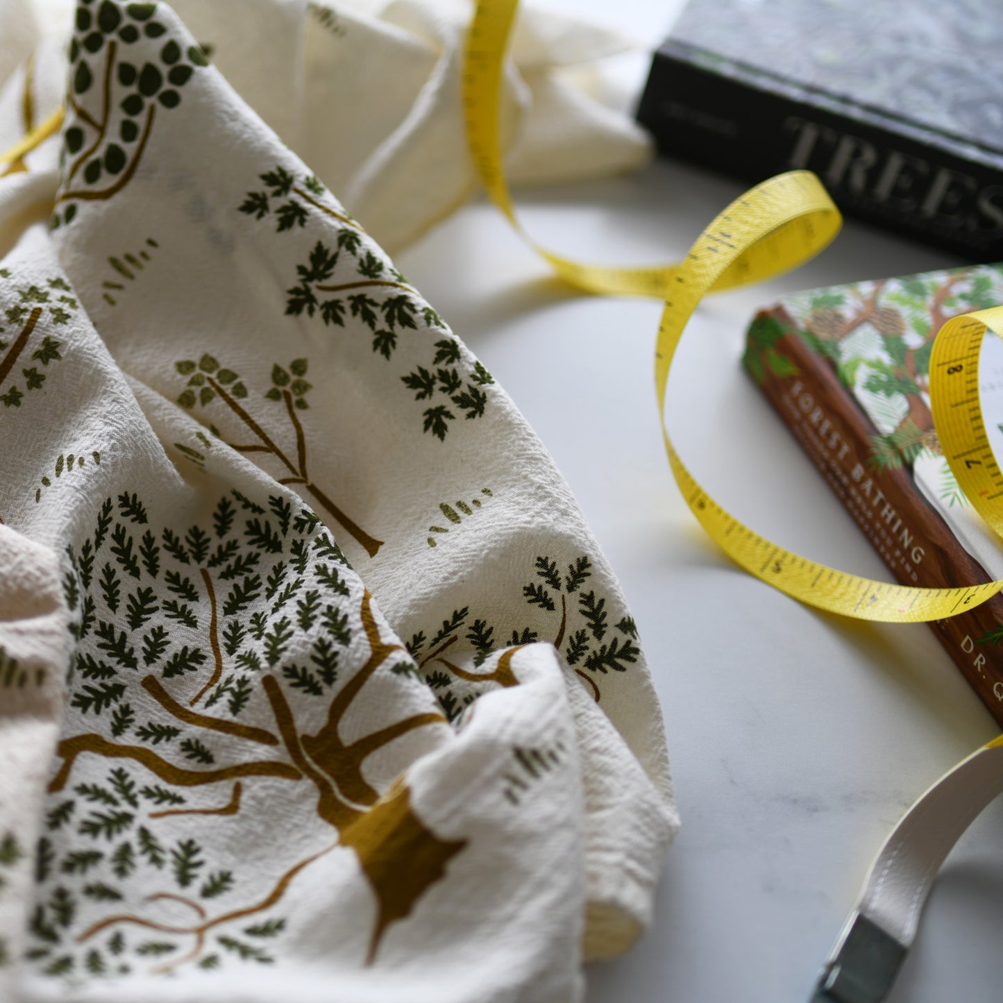 Kitchen tea towel made with eco-friendly flour sack in the usa featuring botanical forest grove tree artwork by june & december artist katie forte