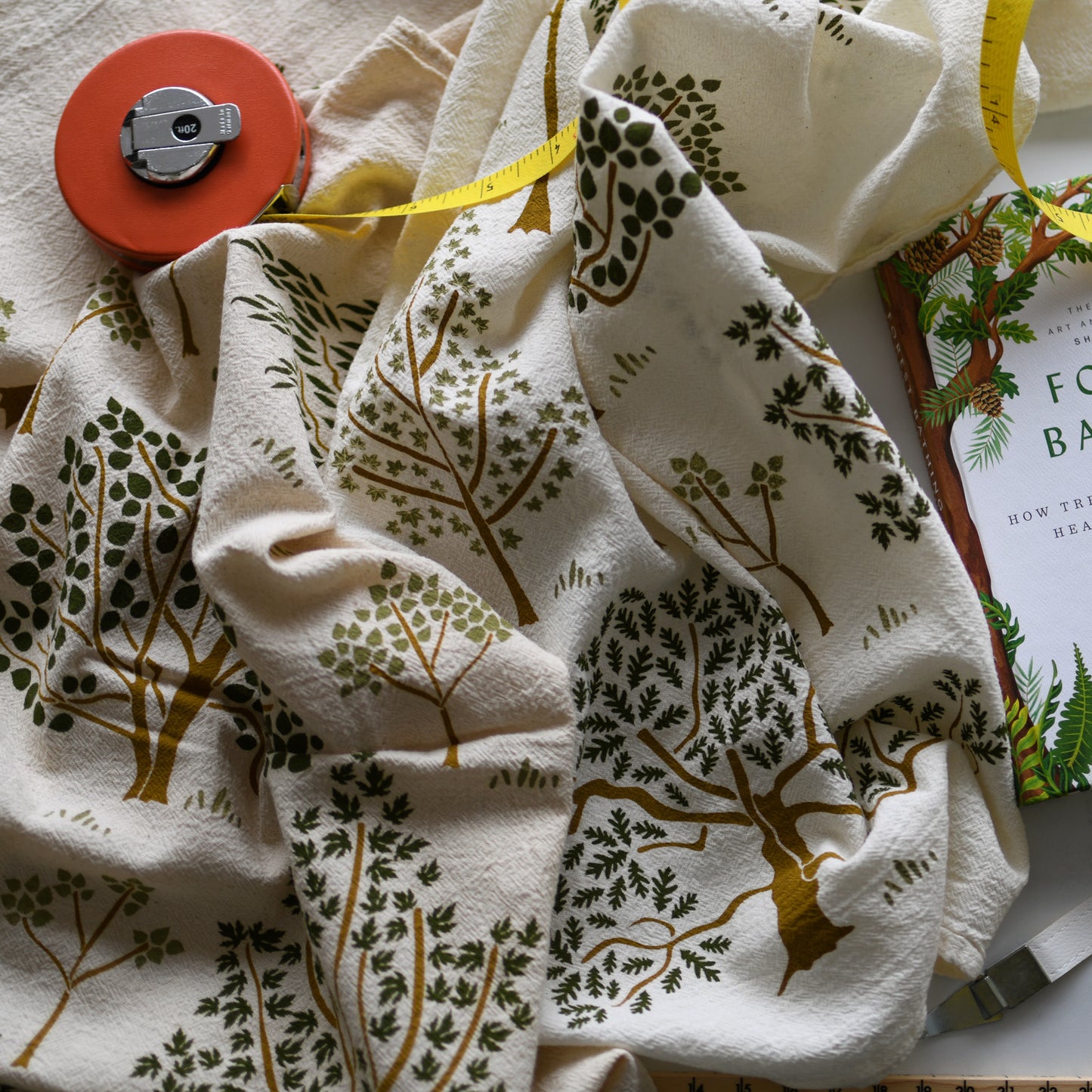 Kitchen tea towel made with eco-friendly flour sack in the usa featuring natural botanical forest grove tree artwork by june & december artist katie forte