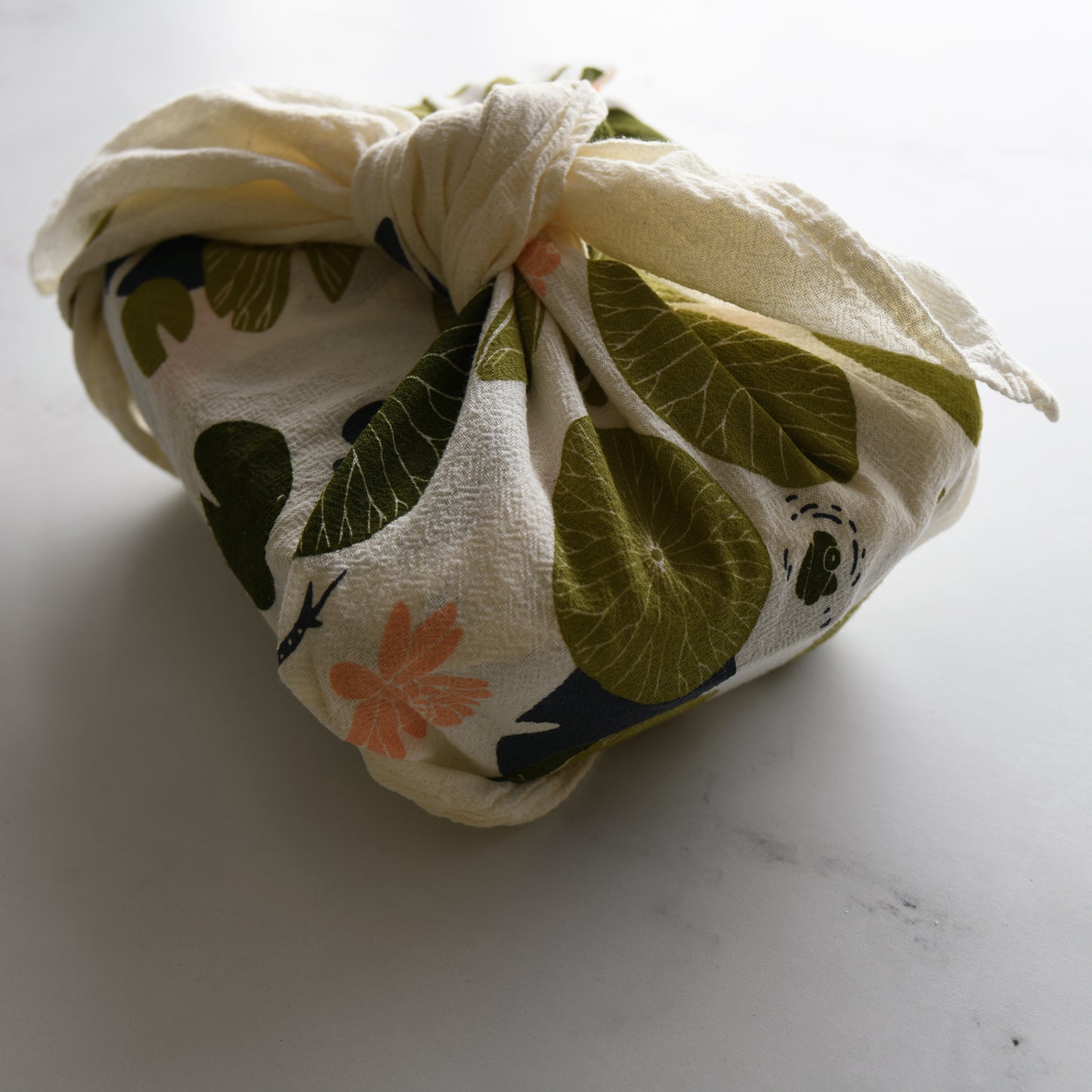 Eco-friendly flour sack kitchen tea towel made in the usa with botanical lily pad and frog artwork by june & december artist katie forte