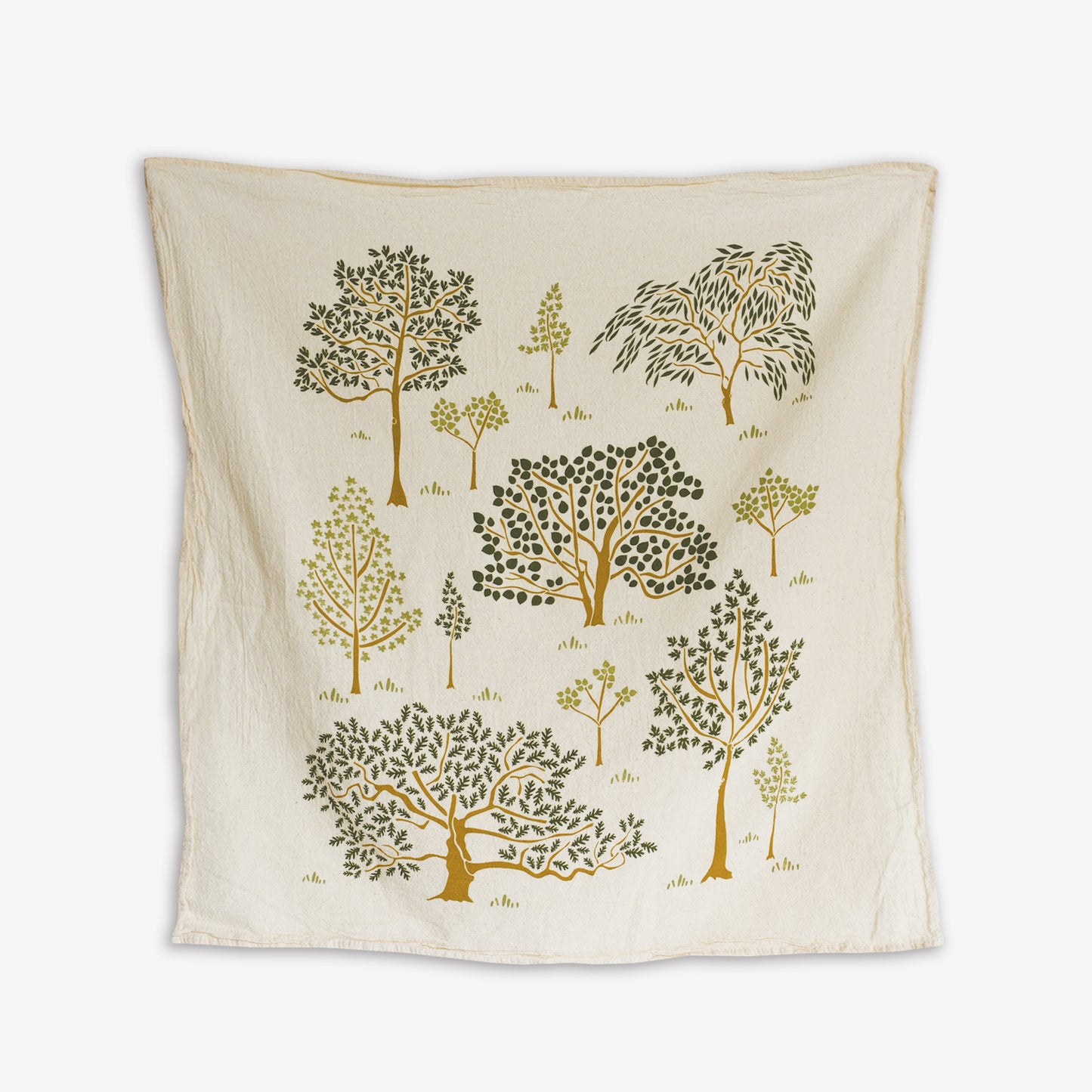 Kitchen tea towel made with eco-friendly flour sack in the USA, featuring natural botanical forest grove tree artwork by June & December artist Katie Forte
