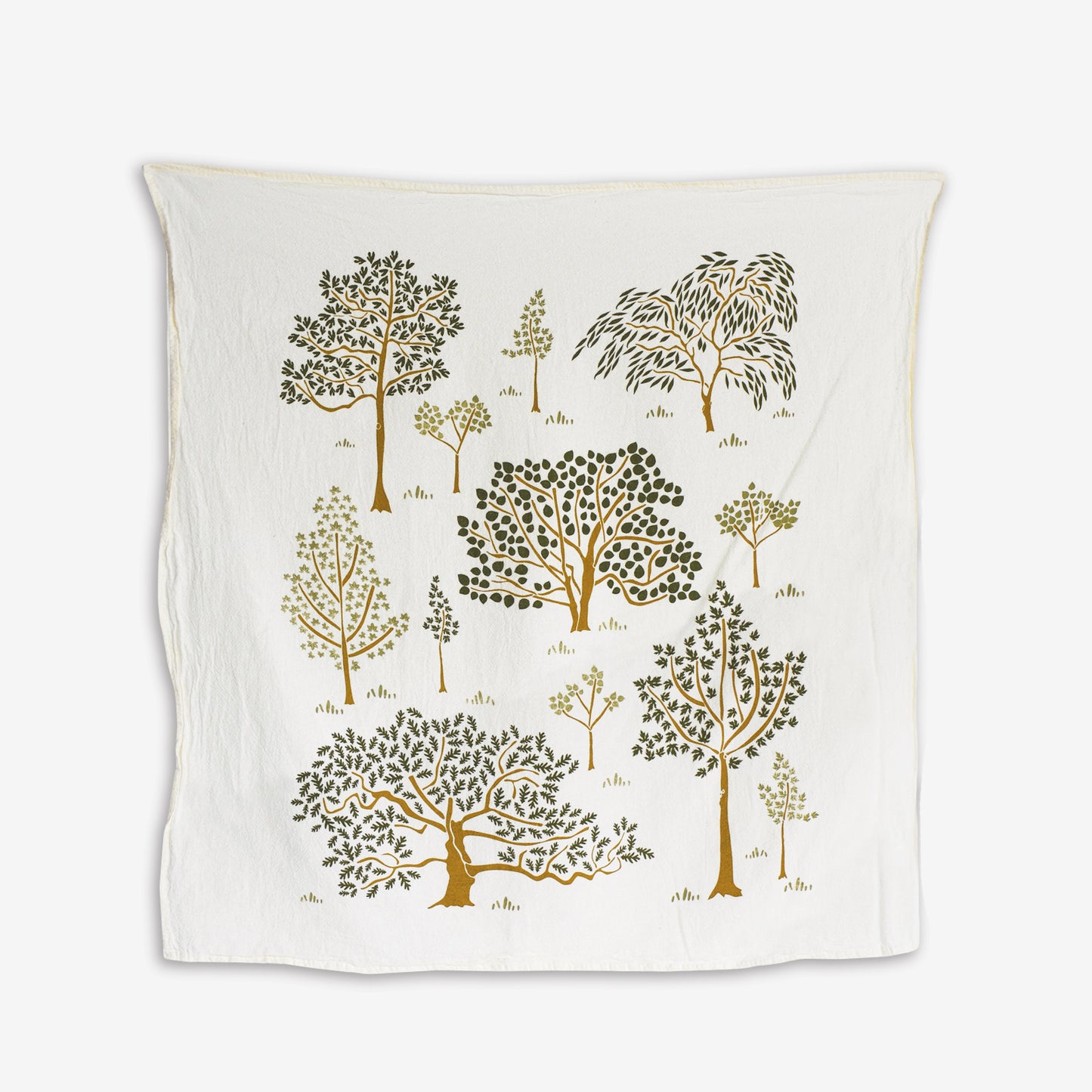 Kitchen tea towel made with eco-friendly flour sack in the USA, featuring botanical forest grove tree artwork by June & December artist Katie Forte