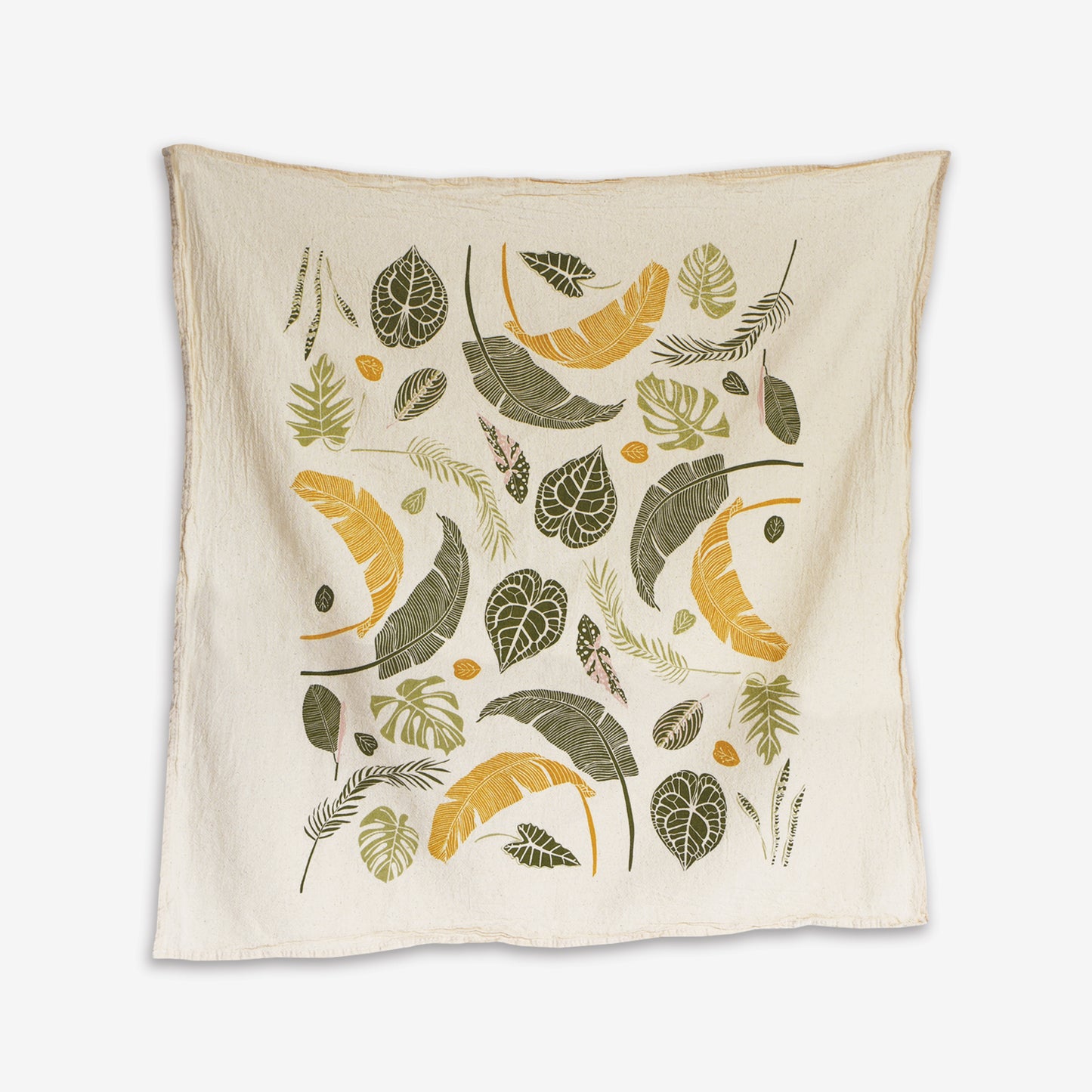 Kitchen tea towel made with eco-friendly flour sack in the USA, featuring natural botanical green thumb artwork by June & December artist Katie Forte