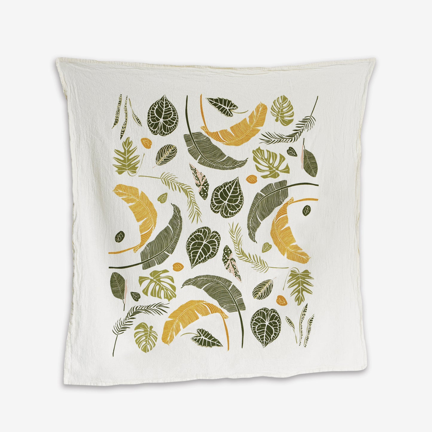 Kitchen tea towel made with eco-friendly flour sack in the USA, featuring botanical Garden Green Thumb artwork by June & December artist Katie Forte