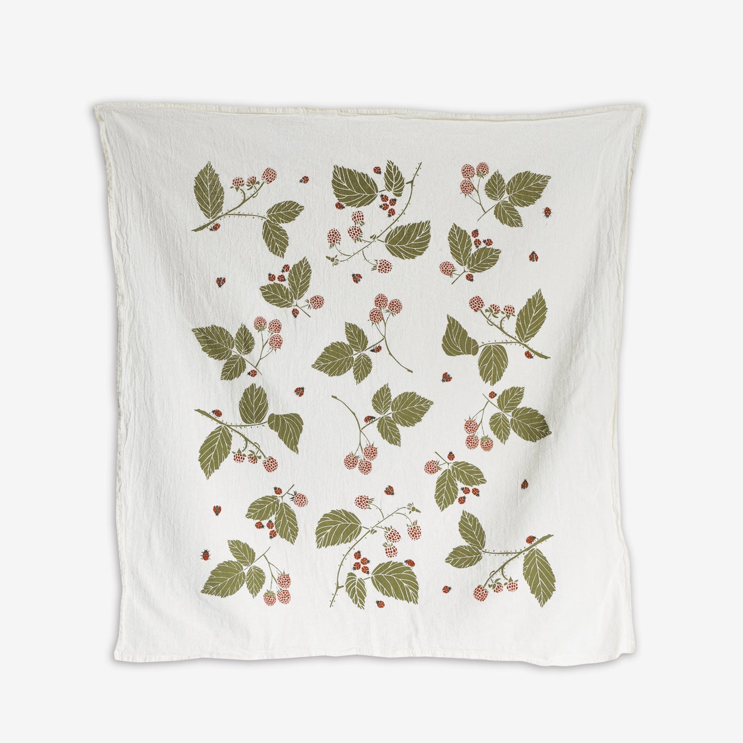 Kitchen tea towel made with eco-friendly flour sack in the USA, featuring botanical ladybug + bird artwork by June & December artist Katie Forte