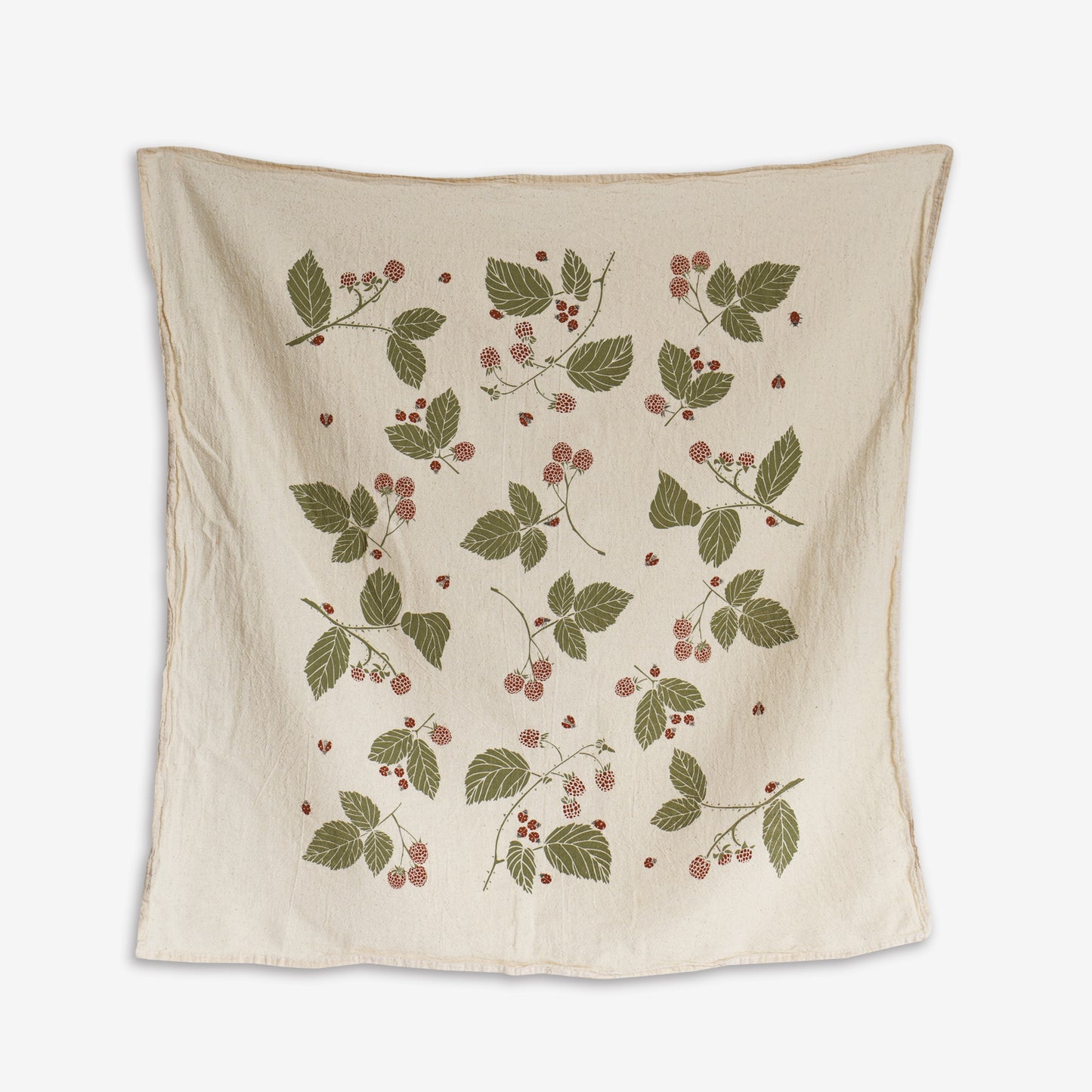 Kitchen tea towel made with eco-friendly flour sack in the USA, featuring natural botanical ladybug + bird artwork by June & December artist Katie Forte