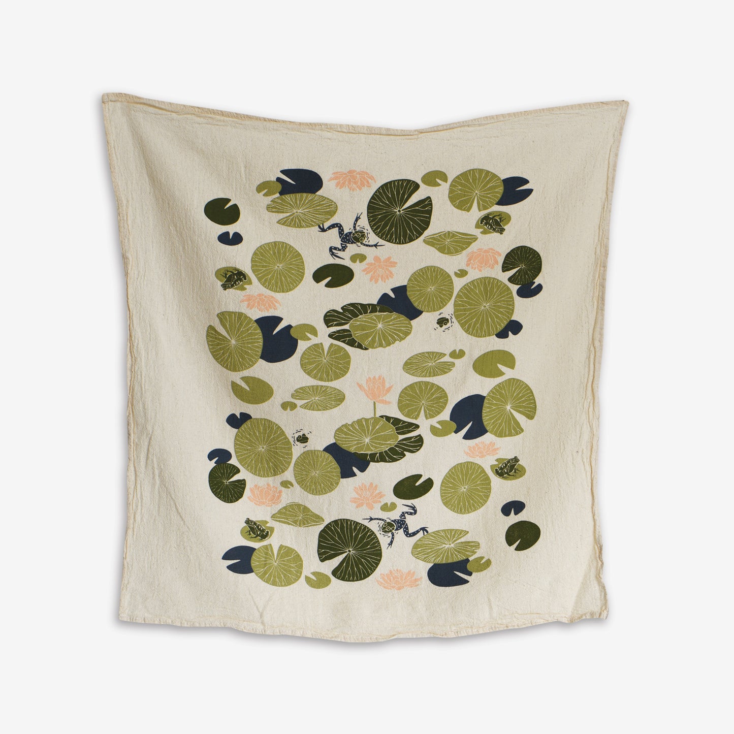 Kitchen tea towel made with eco-friendly flour sack in the USA, featuring natural botanical lily pad and frog artwork by June & December artist Katie Forte