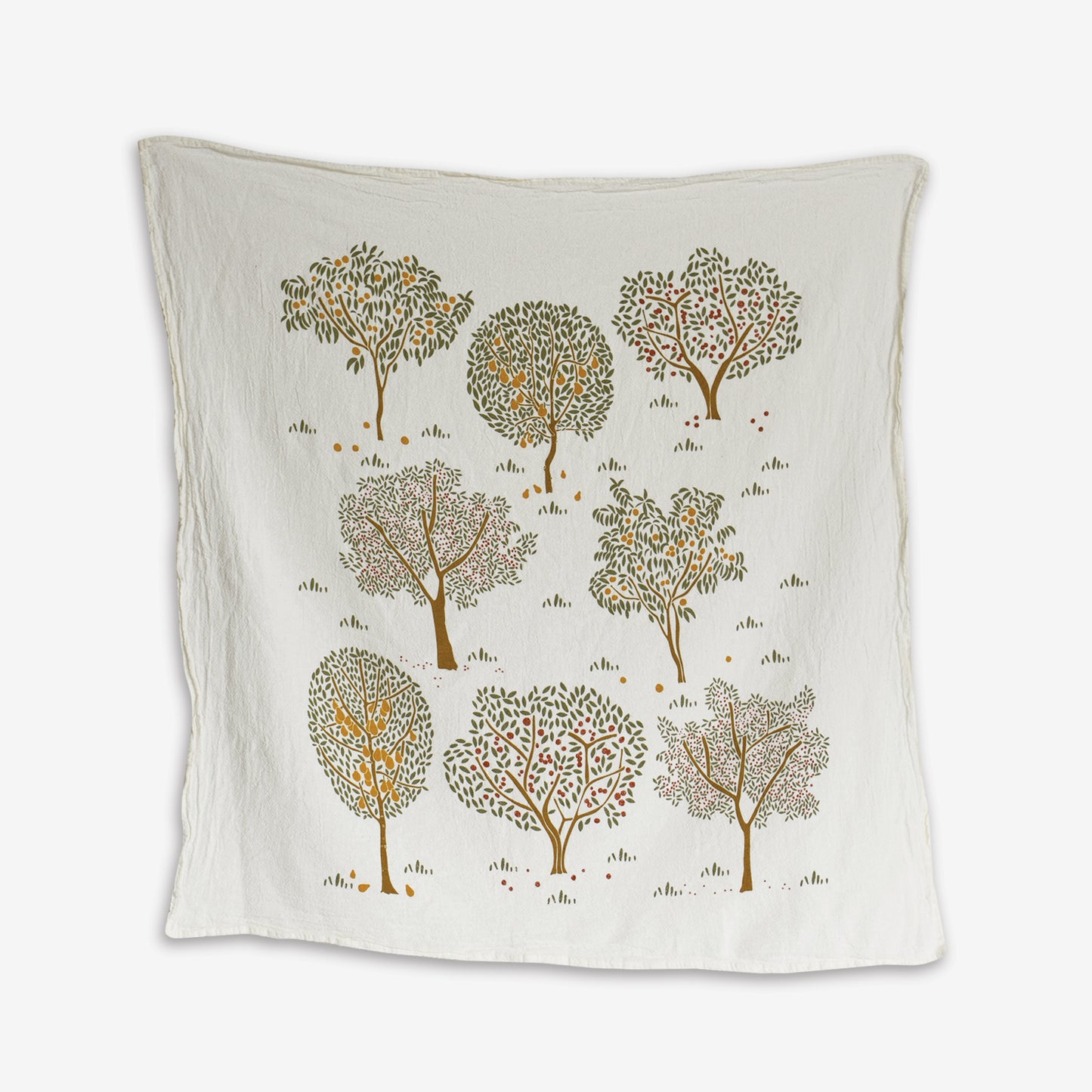 Kitchen tea towel made with eco-friendly flour sack in the USA, featuring botanical Autumn Fall Apple Orchard Tree art by June & December artist Katie Forte