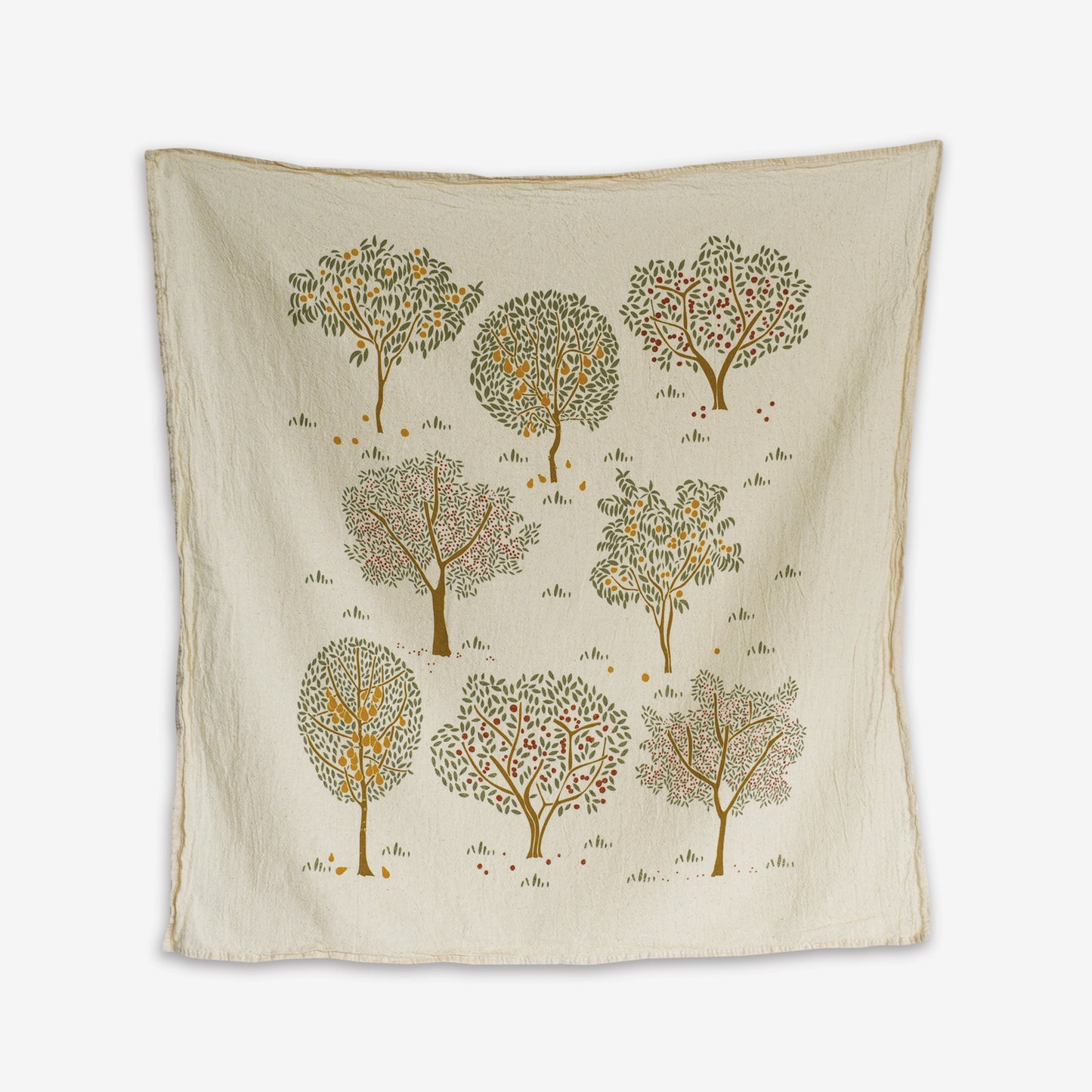 Kitchen tea towel made with eco-friendly flour sack in the USA, featuring natural botanical Fall Apple Orchard art by June & December artist Katie Forte