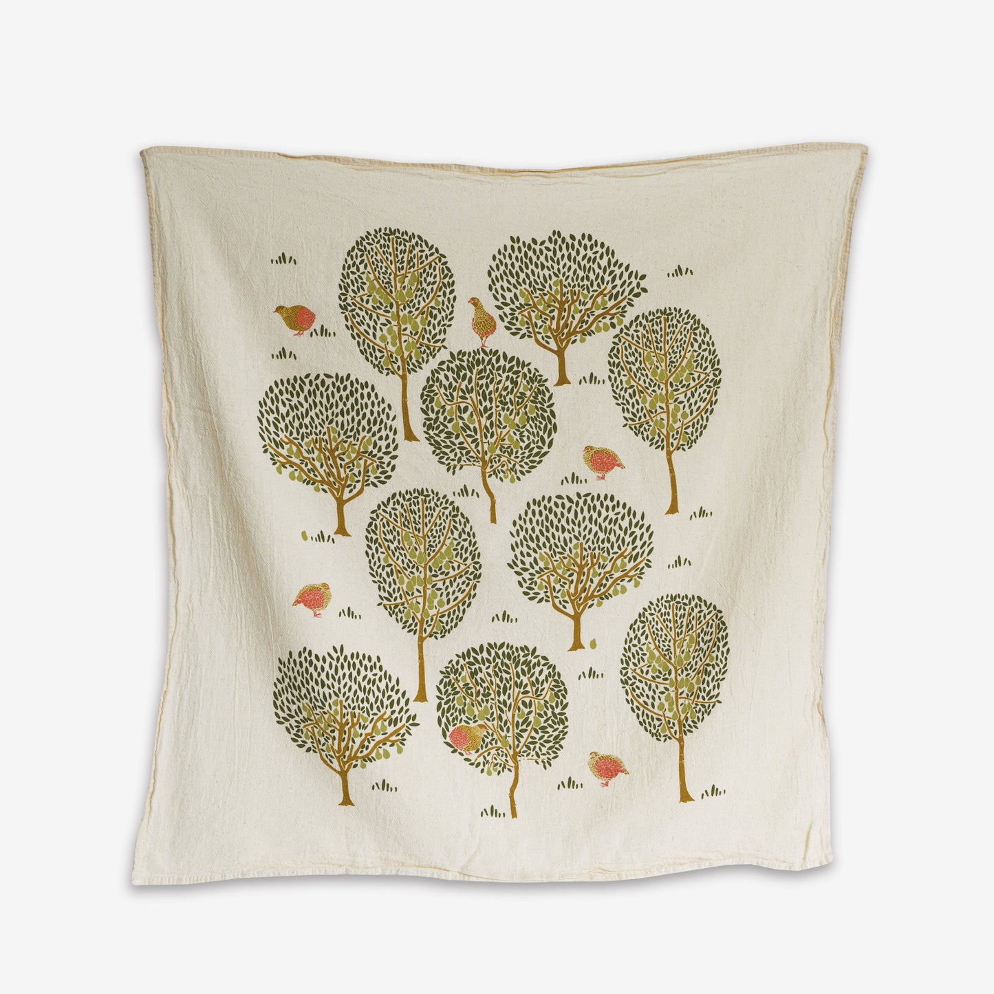 Kitchen tea towel made with eco-friendly flour sack in the USA, featuring natural partridge + pear tree holiday art by June & December artist Katie Forte