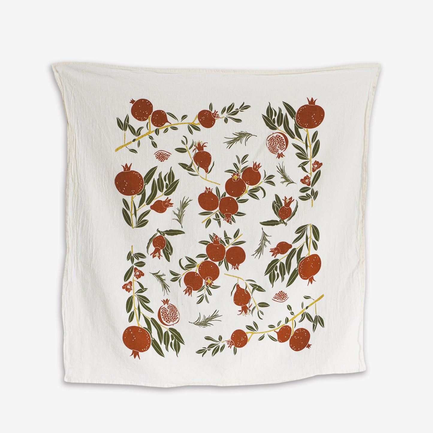 Cloth dinner napkins made with eco-friendly flour sack in the USA, featuring botanical Pomegranate holiday art by June & December artist Katie Forte