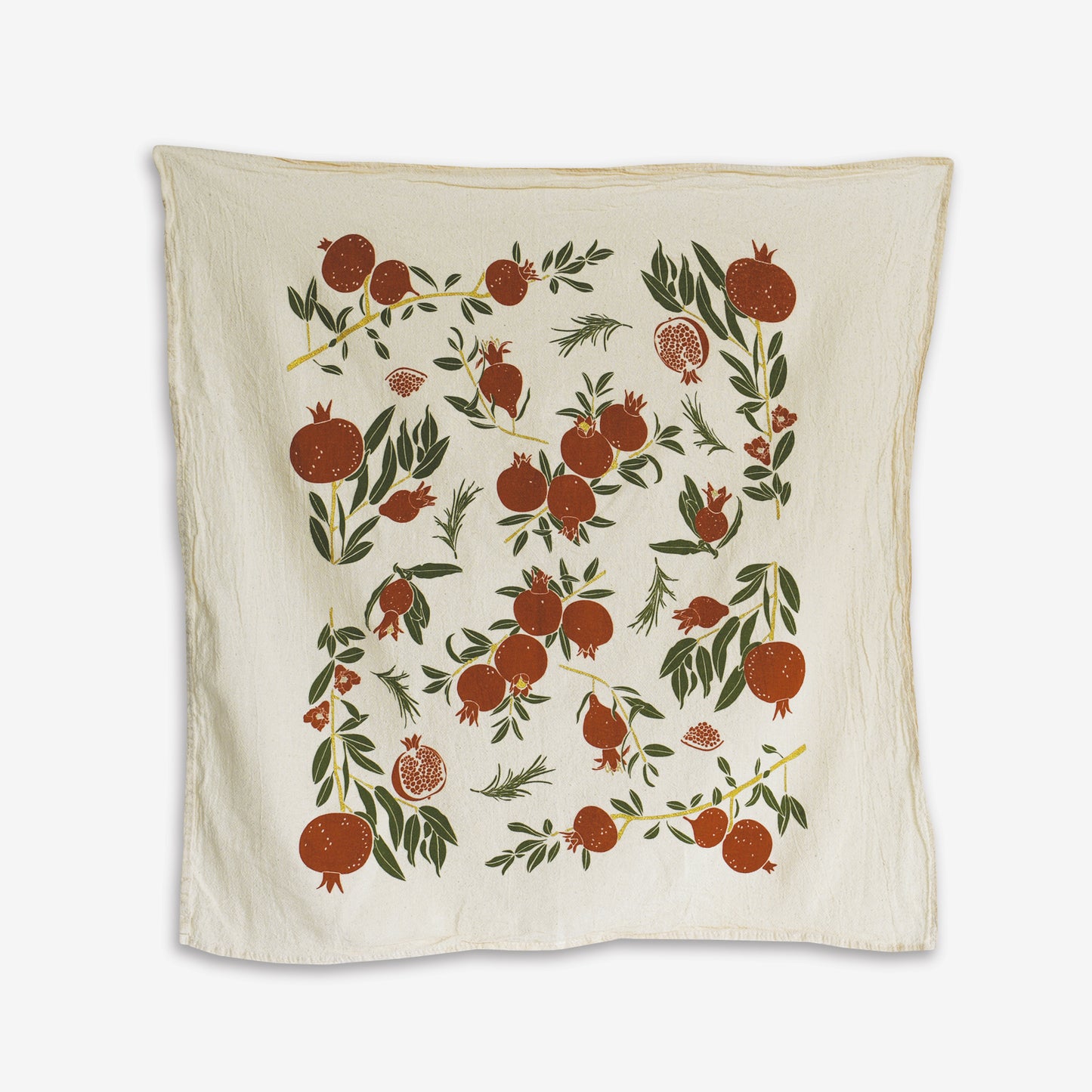Kitchen tea towel made with eco-friendly flour sack in the USA, featuring natural Pomegranate holiday artwork by June & December artist Katie Forte