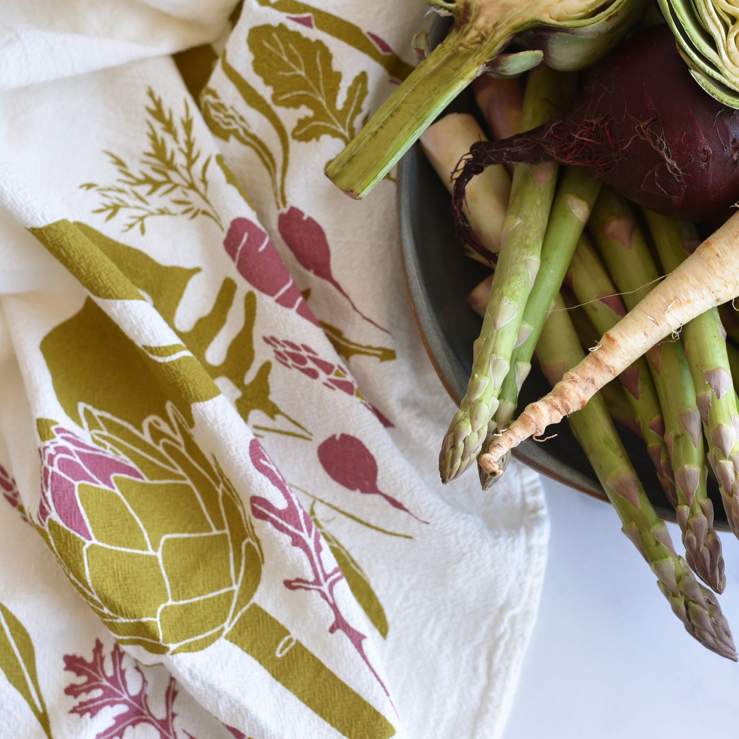 Kitchen tea towel featuring the Spring Veggies design perfect for picking from the garden, designed by Katie Forte of june & december
