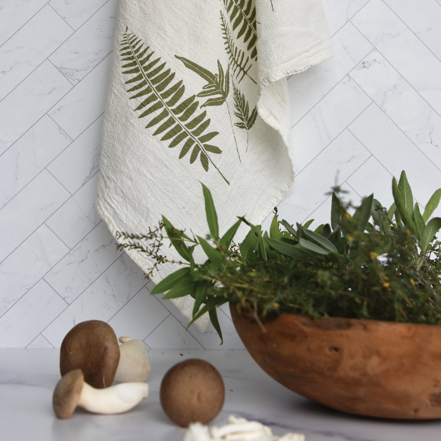 Flour sack tea towel with a simple Evergreen Ferns design, designed by Katie Forte of june & december