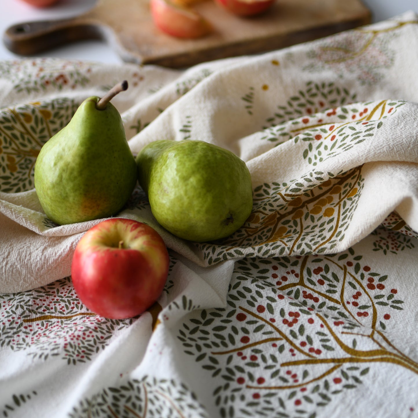 Kitchen tea towel made with eco-friendly flour sack in the usa featuring botanical Autumn Fall Apple Orchard Tree art by june & december artist katie forte