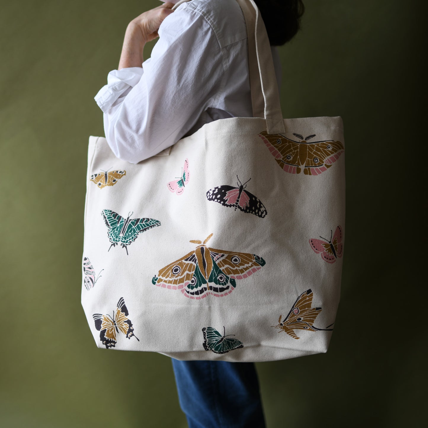Designer Oversized Farmers Market Tote Bag with Organic Cotton featuring prairie pollinator butterfly artwork by June & December artist Katie Forte
