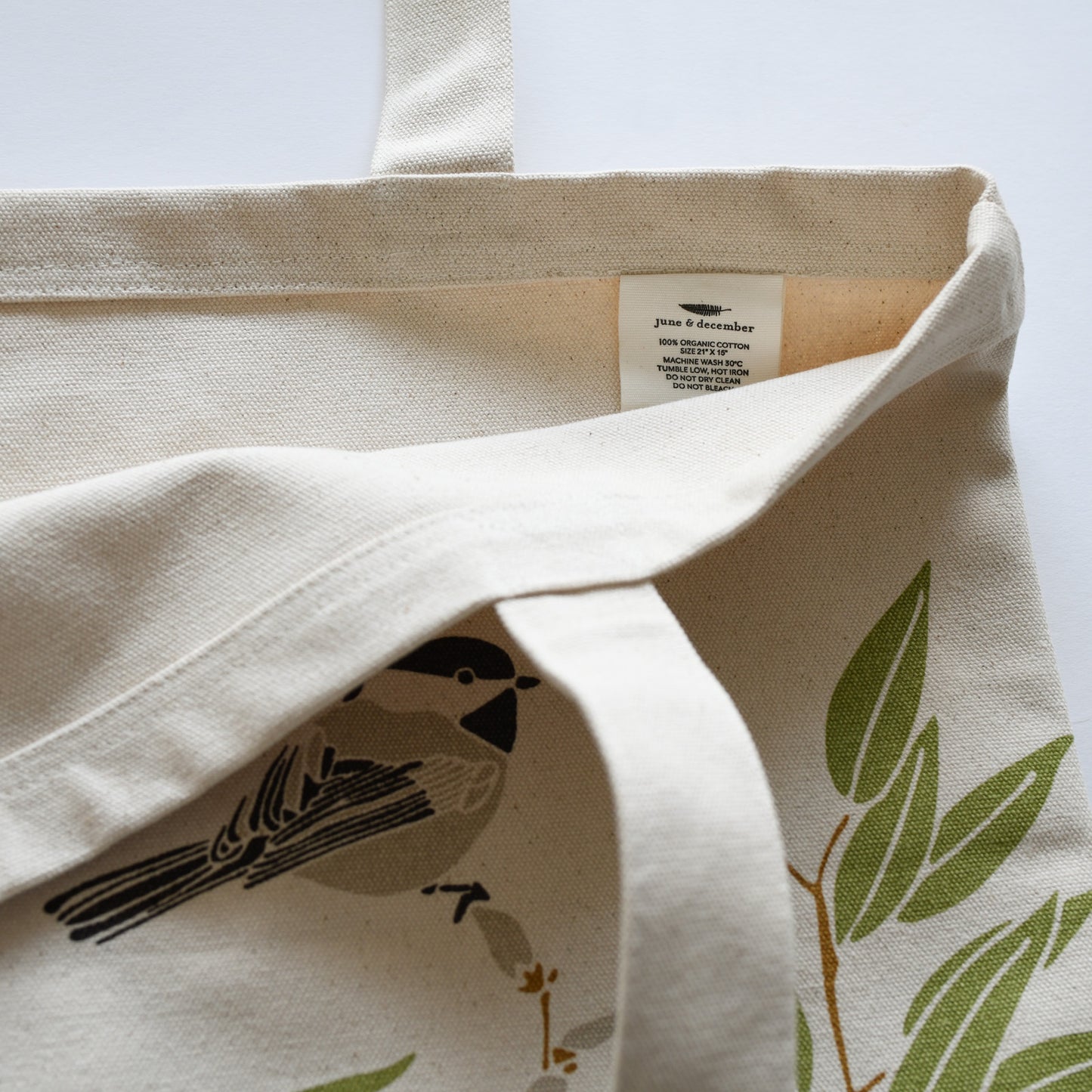 Designer Oversized Everyday Tote Bag with Organic Cotton featuring botanical willow thicket bird artwork by June & December artist Katie Forte