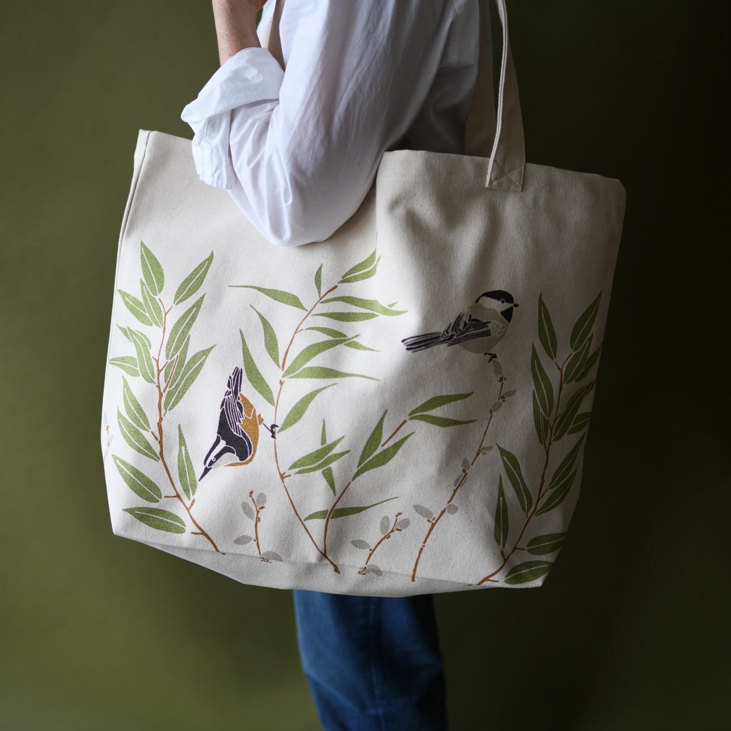 Designer Oversized Shopping Tote Bag with Organic Cotton featuring botanical willow thicket bird artwork by June & December artist Katie Forte