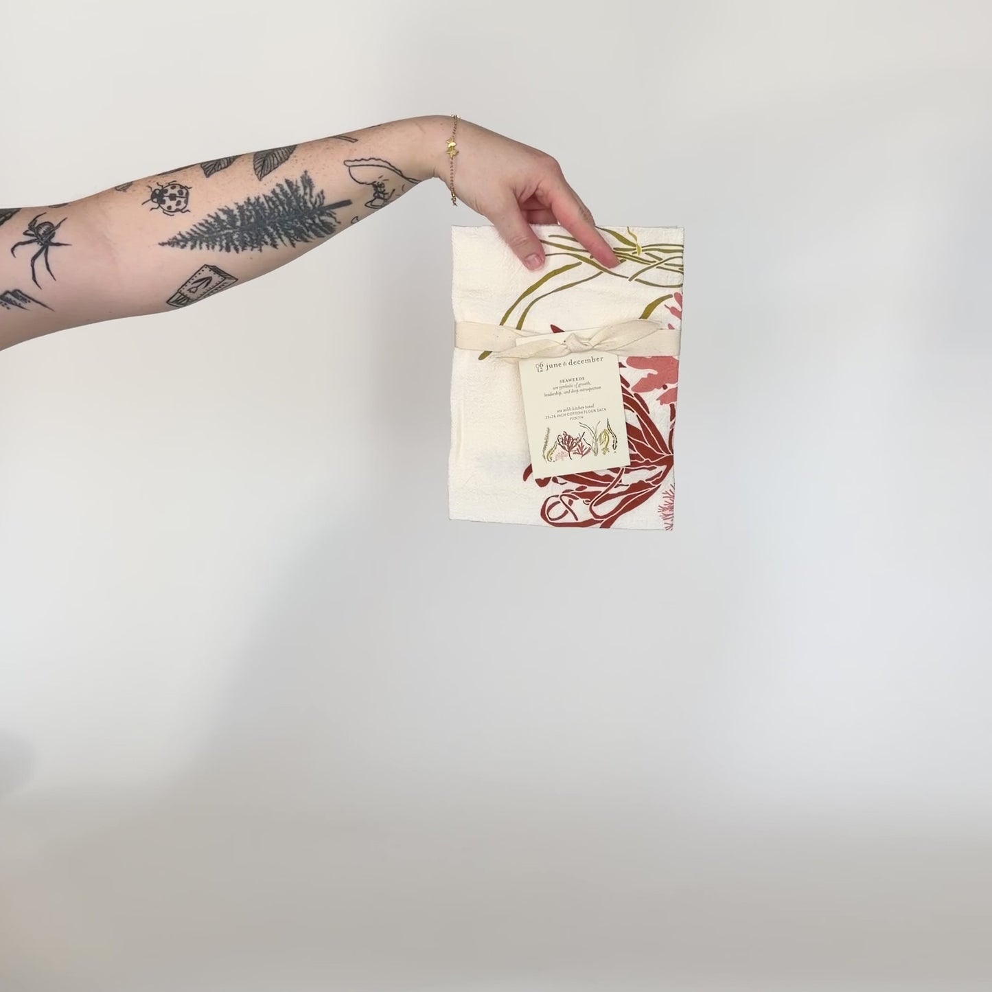 Load and play video in Gallery viewer, Video showing our Sea Wilds tea towel design, featuring ocean elements, printed on flour sack cotton, designed by Katie Forte of June &amp;amp; December
