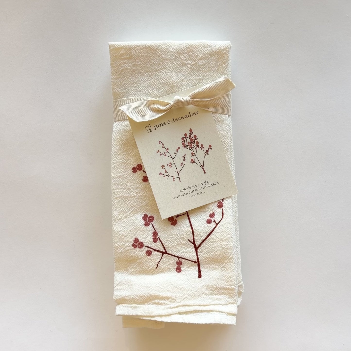 Load and play video in Gallery viewer, Video featuring our Winter Berries cloth napkin set design printed on flour sack cotton, designed by Katie Forte of June &amp;amp; December
