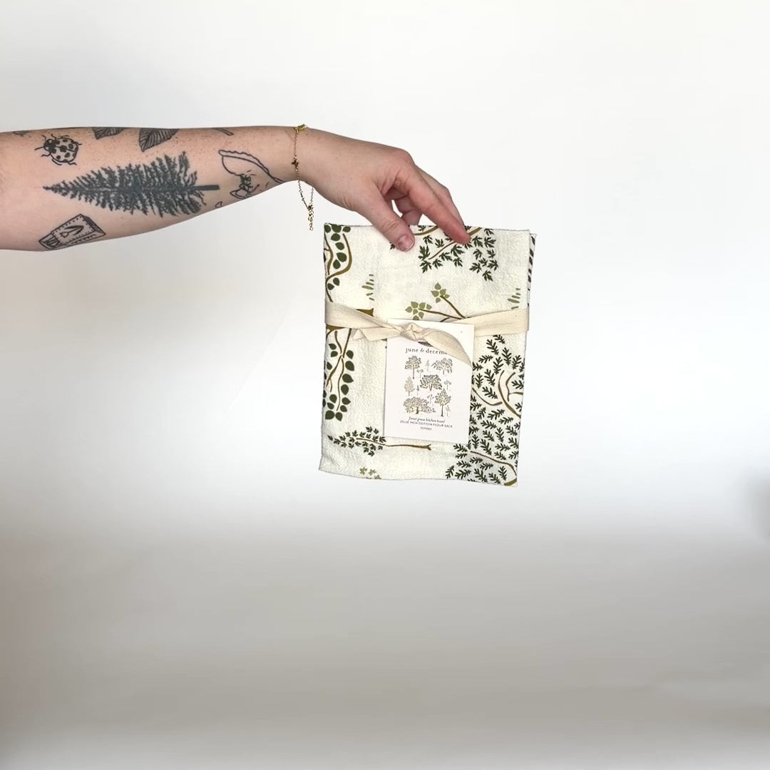 Load and play video in Gallery viewer, Video featuring our Forest Grove tea towel design, printed on flour sack cotton, perfect for the tree hugger in life. Designed by Katie Forte of June &amp;amp; December
