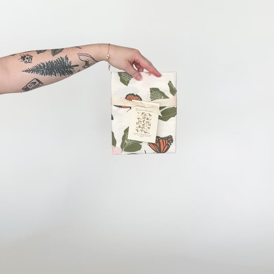 Load and play video in Gallery viewer, Video featuring our Monarch and Milkweeds tea towel design. Screen printed on flour sack cotton, a perfect gift for spring or summer. Designed by Katie Forte of June &amp;amp; December
