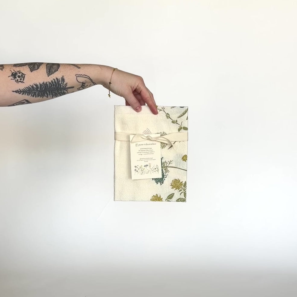 Load and play video in Gallery viewer, Video featuring our Language of Flowers tea towel, with Affirmations flowers, printed on flour sack cotton, designed by Katie Forte of June &amp;amp; December
