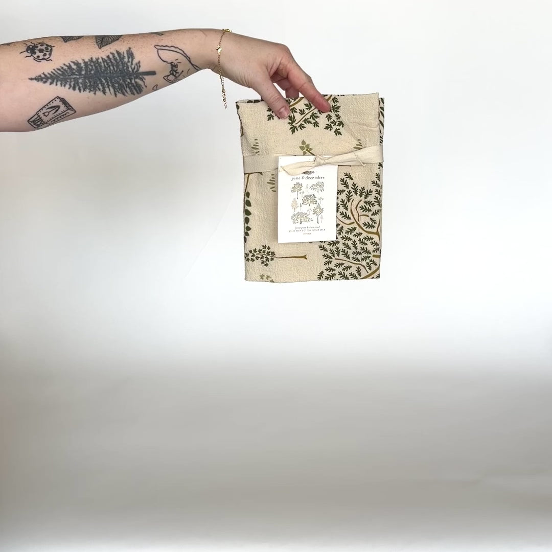 Load and play video in Gallery viewer, Video featuring our Forest Grove tea towel in natural, printed on flour sack cotton, prefect for the tree hugger in you life. Designed by Katie Forte of June &amp;amp; December
