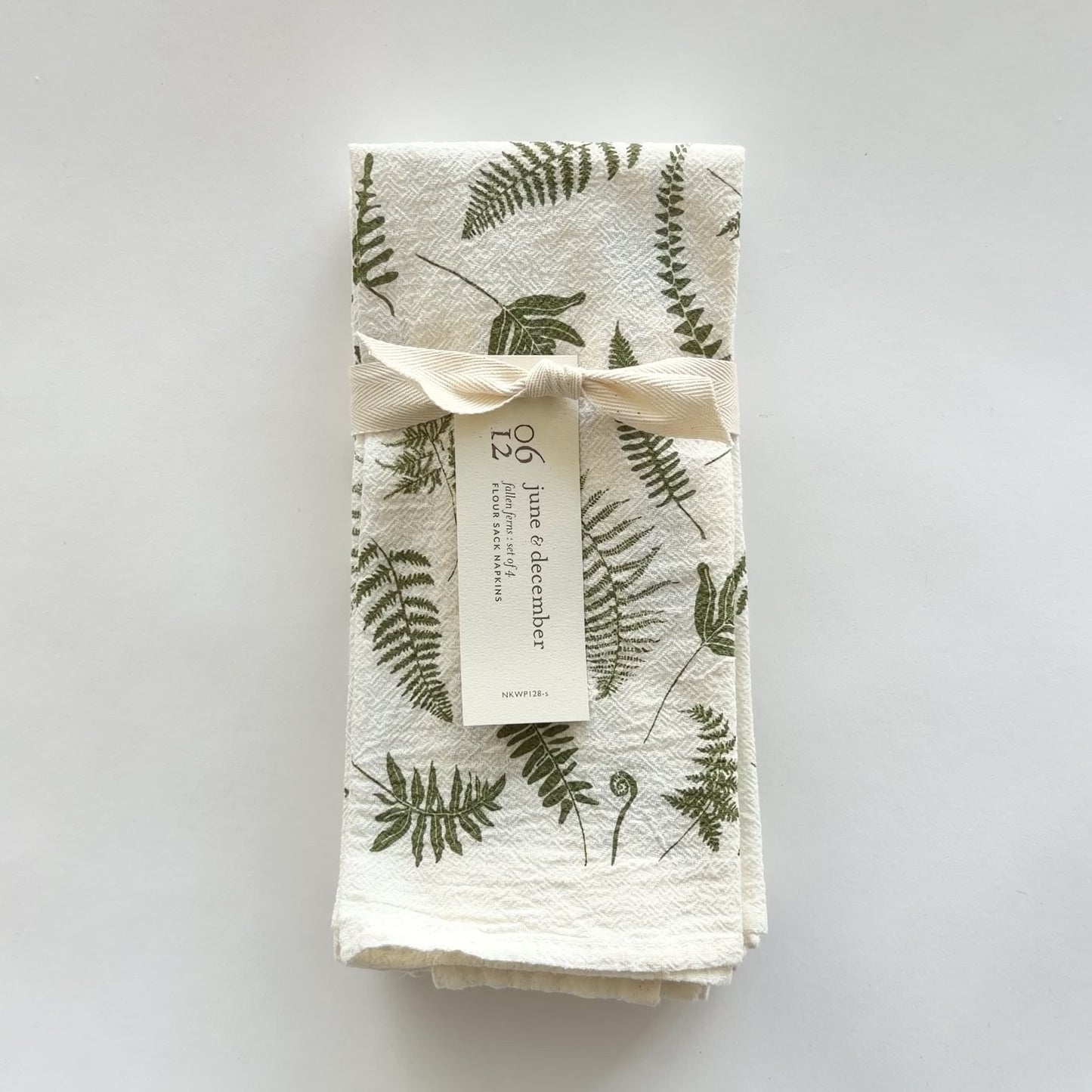 Load and play video in Gallery viewer, Video showing a cloth napkin set with our Fallen Ferns design, printed on flour sack cotton, designed by Katie Forte of June &amp;amp; December
