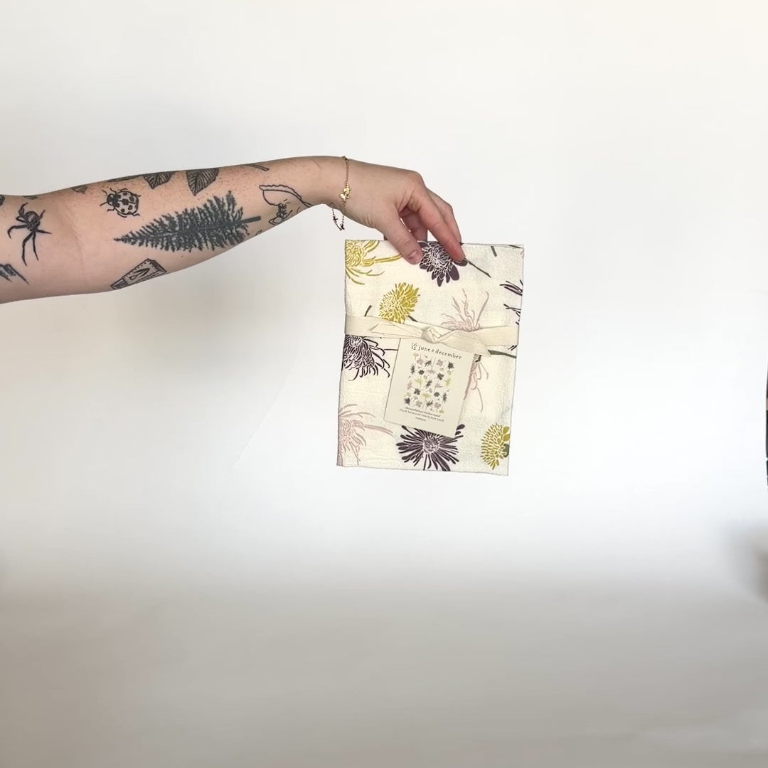 Load and play video in Gallery viewer, Video featuring our Chrysanthemums tea towel design, made from flour sack cotton, designed by Katie Forte of June &amp;amp; December
