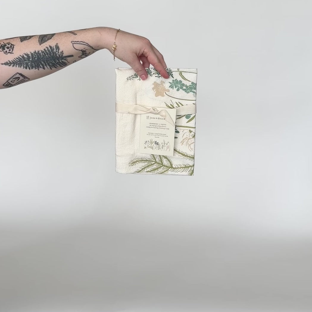 Load and play video in Gallery viewer, Video of our language of flowers tea towel, featuring Harmony and Unity flowers, made from flour sack cotton, designed by Katie Forte of June &amp;amp; December
