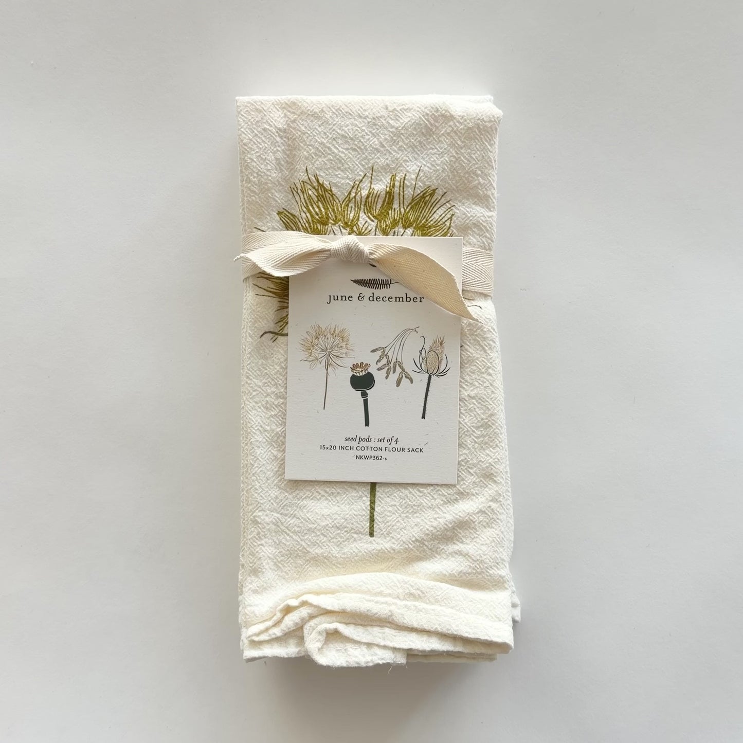 Load and play video in Gallery viewer, Video showcasing our Seed Pods cloth napkin set, printed on a flour sack, designed by Katie Forte of June &amp;amp; December
